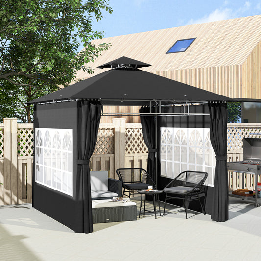 Outsunny 3 x 3 m Garden Gazebo, Double Roof Metal Gazebo with Removable Sidewalls and Church Windows, Outdoor Canopy Shelter, Black