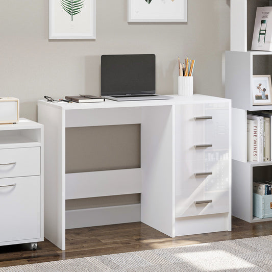 HOMCOM Computer Desk with Drawers, Dressing Table, High Gloss Home Office Writing Workstation, White