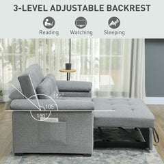 HOMCOM Pull Out Sofa Bed, Fabric 2 Seater Click Clack Sofa Bed Settee, Convertible Sofa Couch with 2 Pillows and Side Pockets for Living Room, Home Office, Light Grey