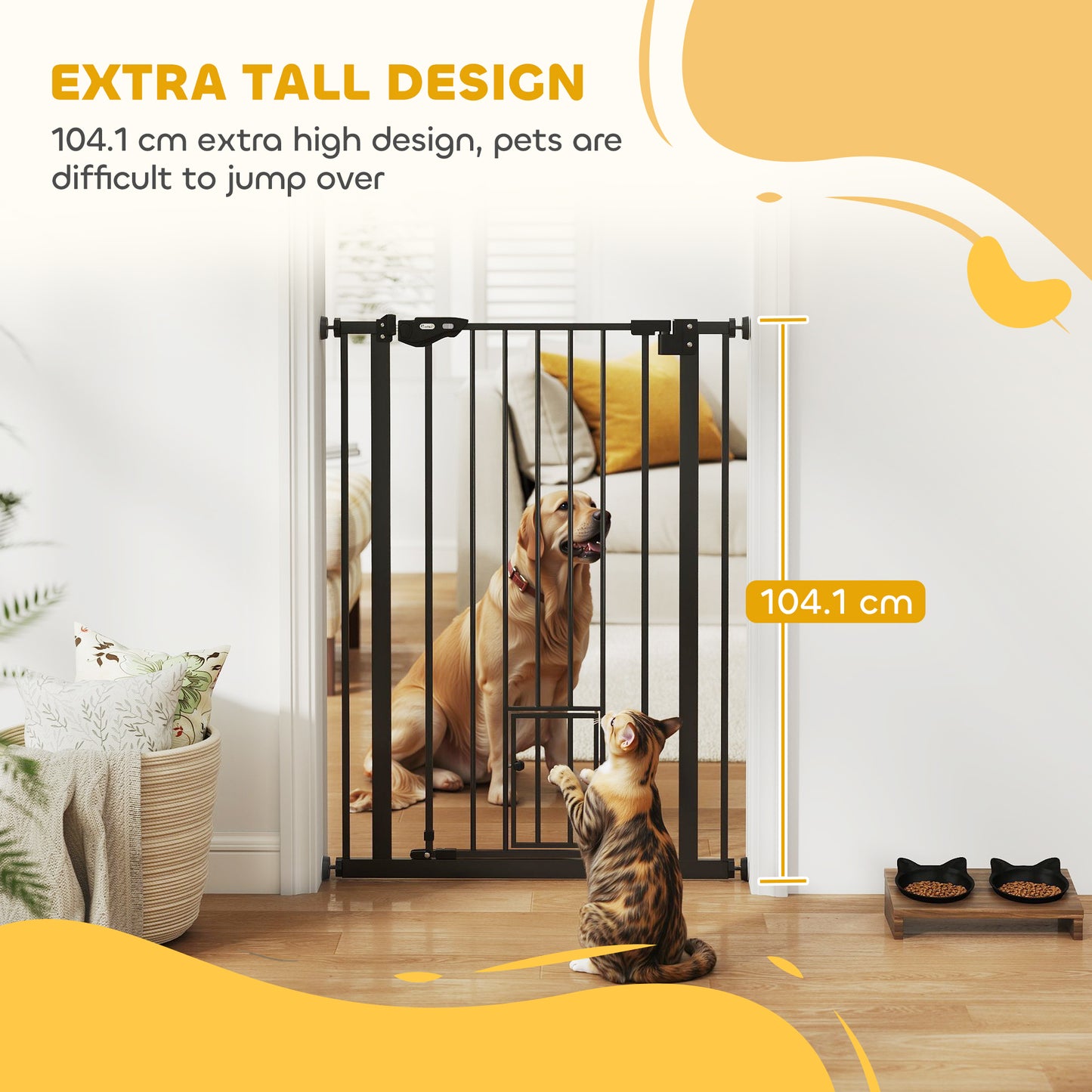 بوابة PawHut Extra Tall Pet Gate، بوابة أمان للكلاب في الأماكن المغلقة، مع فتحة للقطط، إغلاق تلقائي، عرض 74-80 سم - أسود