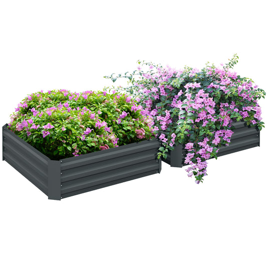 Outsunny Set of 2 291L Raised Garden Bed, Elevated Galvanised Planter Box for Flowers, Herbs, 100x100x30cm, Dark Grey