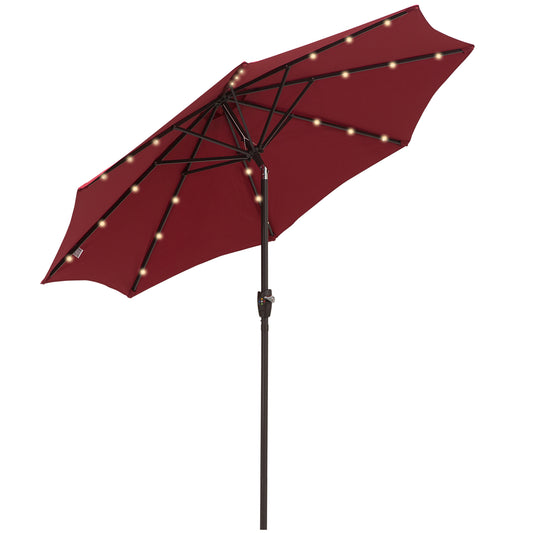 Outsunny 2.7m Garden 24 LED Light Parasol Solar Outdoor Tilt Sun Umbrella Patio Club Party Event Manual Sun Shade w/ Hand Crank and 8 Ribs, Red