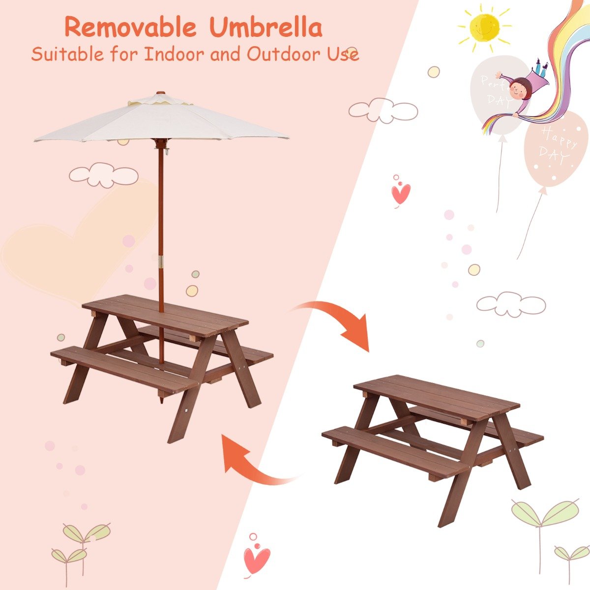 Children's Garden Picnic Table Bench with Sun Umbrella