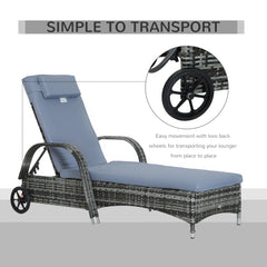 Outsunny Garden Rattan Furniture Single Sun Lounger Recliner Bed Reclining Chair Patio Outdoor Wicker Weave Adjustable Headrest with Fire Retardant Cushion - Grey