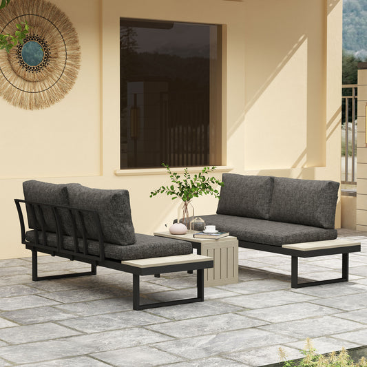 Outsunny 4 Seater L Shaped Aluminium Sectional Garden Furniture Set with 2 Loveseats and Wood-Plastic Coffee Table - Dark Grey