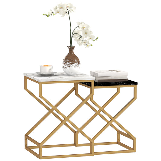 HOMCOM Set of Two Marble-Effect Nesting Tables