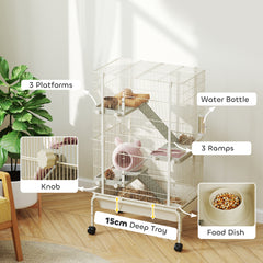 PawHut 4 Levels Rolling Small Animal Cage, Rabbit Cage with 3 Ramps, Water Bottle, Food Dish, 15cm Deep Tray, Beige