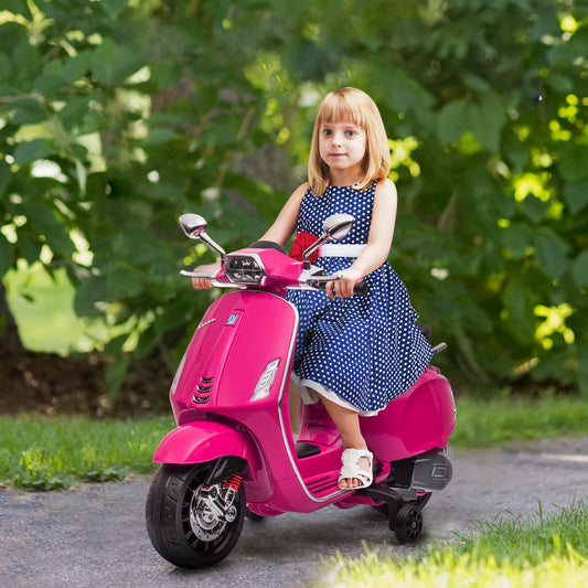 AIYAPLAY 12V Vespa Licensed Kids Electric Motorbike w/ Music, Headlights, FM Radio, for 3-6 Years - Pink