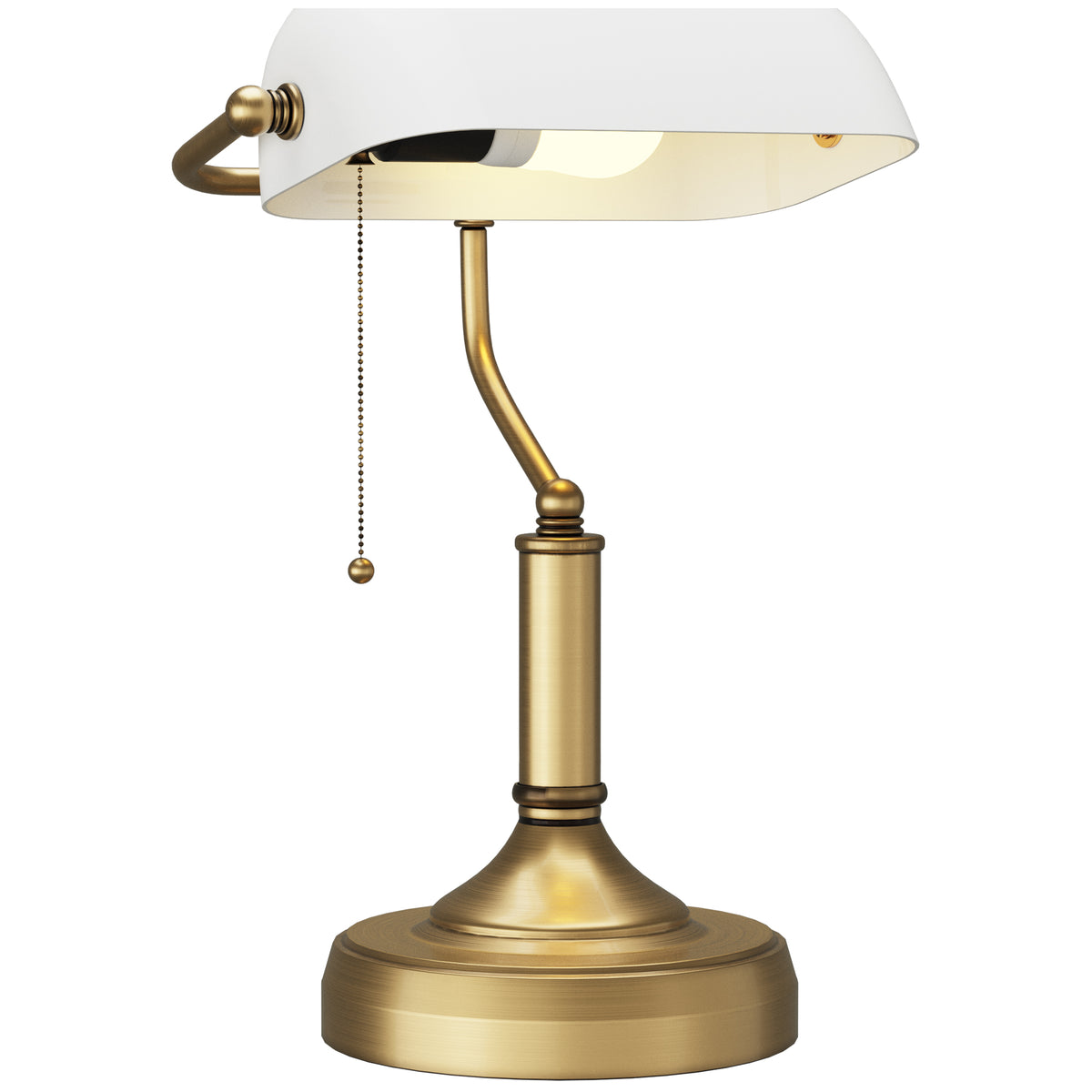 HOMCOM Banker's Desk Lamp with Antique Bronze Tone Base, Table Lamp with White Glass Shade for Home Office, White