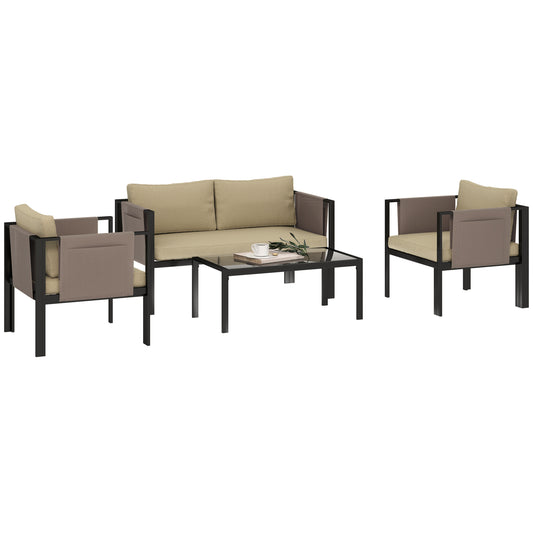 Outsunny 4 Piece Metal Garden Furniture Set with Tempered Glass Coffee Table, Texteline Pocket, Outdoor Set Loveseat Single Armchairs with Padded Cushions, Khaki