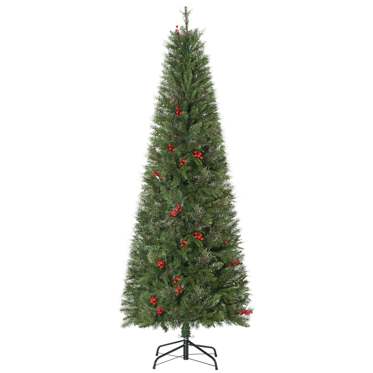 HOMCOM 6ft Pencil Artificial Christmas Tree with Realistic Branches, Red Berries, Auto Open, Green