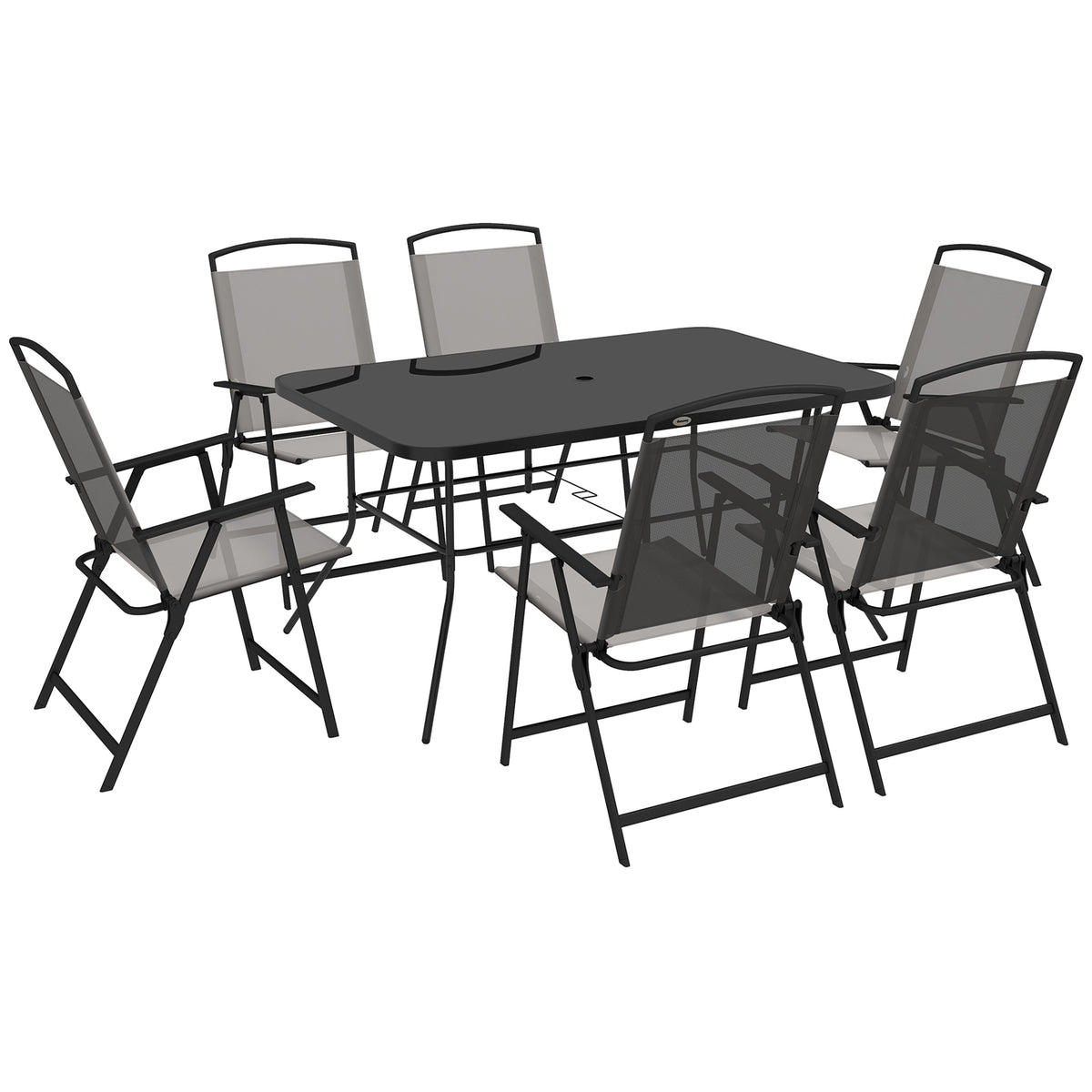 Outsunny Seven-Piece Garden Dining Set, with Glass-Top Table and Folding Chairs - Grey