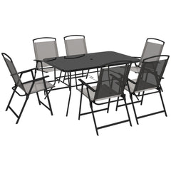 Outsunny Seven-Piece Garden Dining Set, with Glass-Top Table and Folding Chairs - Grey