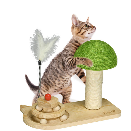 PawHut Mushroom-Shaped Cat Scratching Post, with Toy Balls, Feather for Indoor Cats, 35 x 21 x 26cm - Natural Tone