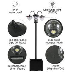 Outsunny 189cm 3-head Solar Lamp Post, Street Light with Planter, Automatic-on, 6 Hour Max Outdoor Ready LED Lighting, Black