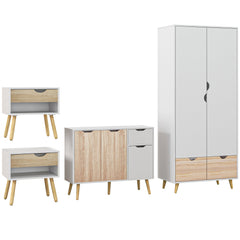 HOMCOM Bedroom Furniture Set, Wardrobe with Hanging Rod, Side Cabinet with wood legs , Bedside Table with Drawer, Nature Wood Finish and White