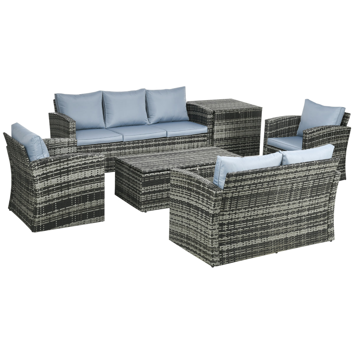 Outsunny 6 Pieces Rattan Garden Furniture Set, 7 Seater Wicker Outdoor Furniture Set with Storage Tea Table & Side Table, Sectional Garden Sofa Set with Cushions, Grey