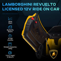 AIYAPLAY Lamborghini Revuelto Licensed 12V Ride on Car w/ Butterfly Doors, Transport Wheels, Suspension, Remote Control, Yellow