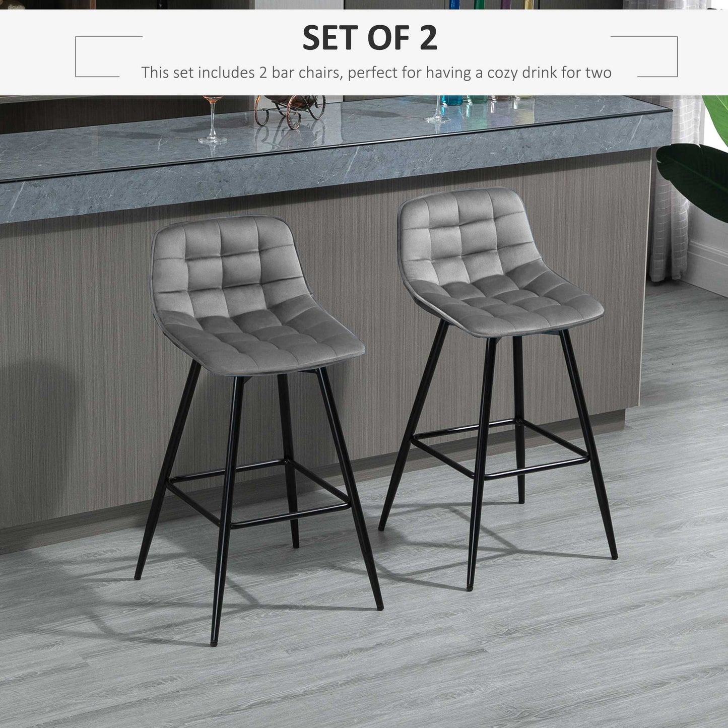 HOMCOM Set of 2 Bar Stools Velvet-Touch Dining Chairs Kitchen Counter Chairs Fabric Upholstered seat with Metal Legs, Backrest, Grey