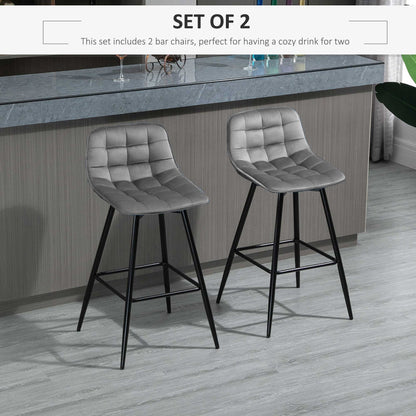 HOMCOM Set of 2 Bar Stools Velvet-Touch Dining Chairs Kitchen Counter Chairs Fabric Upholstered seat with Metal Legs, Backrest, Grey