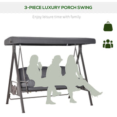 Outsunny 3 Seater Garden Swing Chair Outdoor Hammock Bench w/ Adjustable Canopy, Cushions and Cup Trays, Brown Steel Frame, Dark Grey Fabric