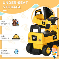 HOMCOM CAT Licensed Kids Ride on Digger Toddler Pretend Construction Play Toy Foot-To-Floor Ride-On Toy w/ Manual Shovel, Horn, Hidden Storage, for Ages 1-3 Years