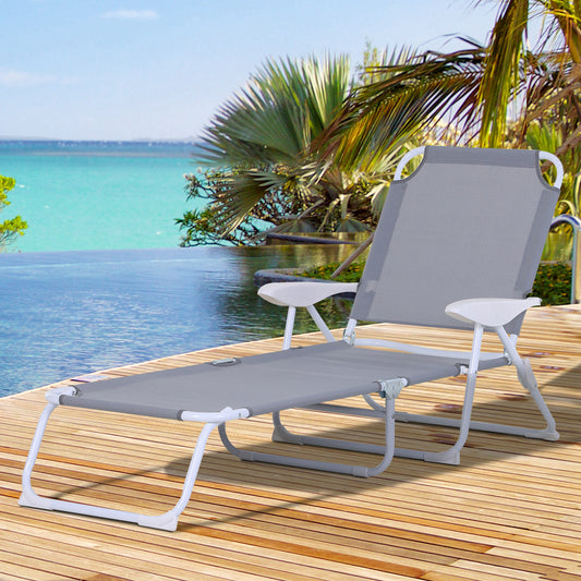 Outsunny Foldable Sun Lounger, Outdoor 4 Level Adjustable Backrest Reclining Lounge Chair with Armrests for Patio, Garden, Grey