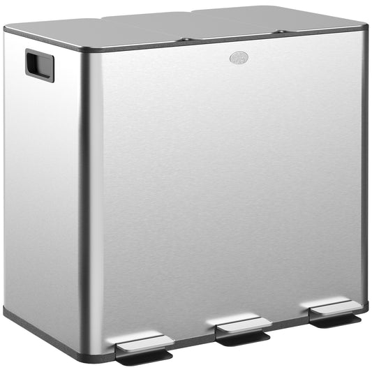 HOMCOM 3 x 15L Pedal Bin, Steel Triple Kitchen Bin with Soft Close Lid, Removable Inner Buckets, Fingerprint-Proof, Silver Tone