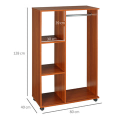 HOMCOM Open Wardrobe on Wheels, Bedroom Wardrobe with Clothes Hanging Rail, 3 Storage Shelves, Mobile Garment Rack for Cloakroom, Hallway, Walnut