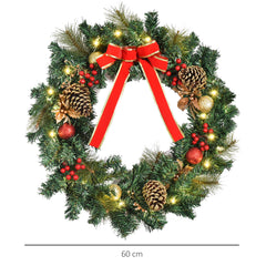 HOMCOM 60cm Pre-Lit Artificial Christmas Door Wreath Holly LED Decor Pine Cones Hanging Glittered Festival Indoor Outdoor Decoration