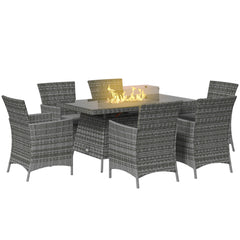 Outsunny 7 Pieces Outdoor Rattan Garden Furniture with Fire Pit Table, 6 Seater Garden Table and Chairs with Cushions, Rattan Dining Set with Propane Heater Table, Windscreen, 50,000 BTU, Grey