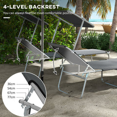 Outsunny Outdoor Foldable Sun Lounger Set of 2, 4 Level Adjustable Backrest Reclining Sun Lounger Chair with Angle Adjust Sun Shade Awning for Beach, Garden, Patio, Grey