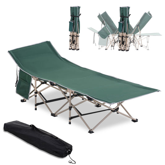 Outsunny Single Person Camping Bed Folding Cot Outdoor Patio Portable Military Sleeping Bed Travel Guest Leisure Fishing with Side Pocket and Carry Bag - Green