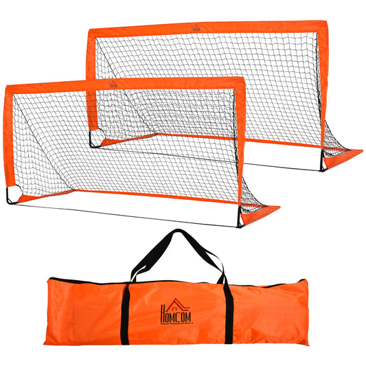 HOMCOM Set of 2 Football Goal Net 6 x 3 ft Foldable Outdoor Sport Training Teens Adults Football with Carrying Bag Orange