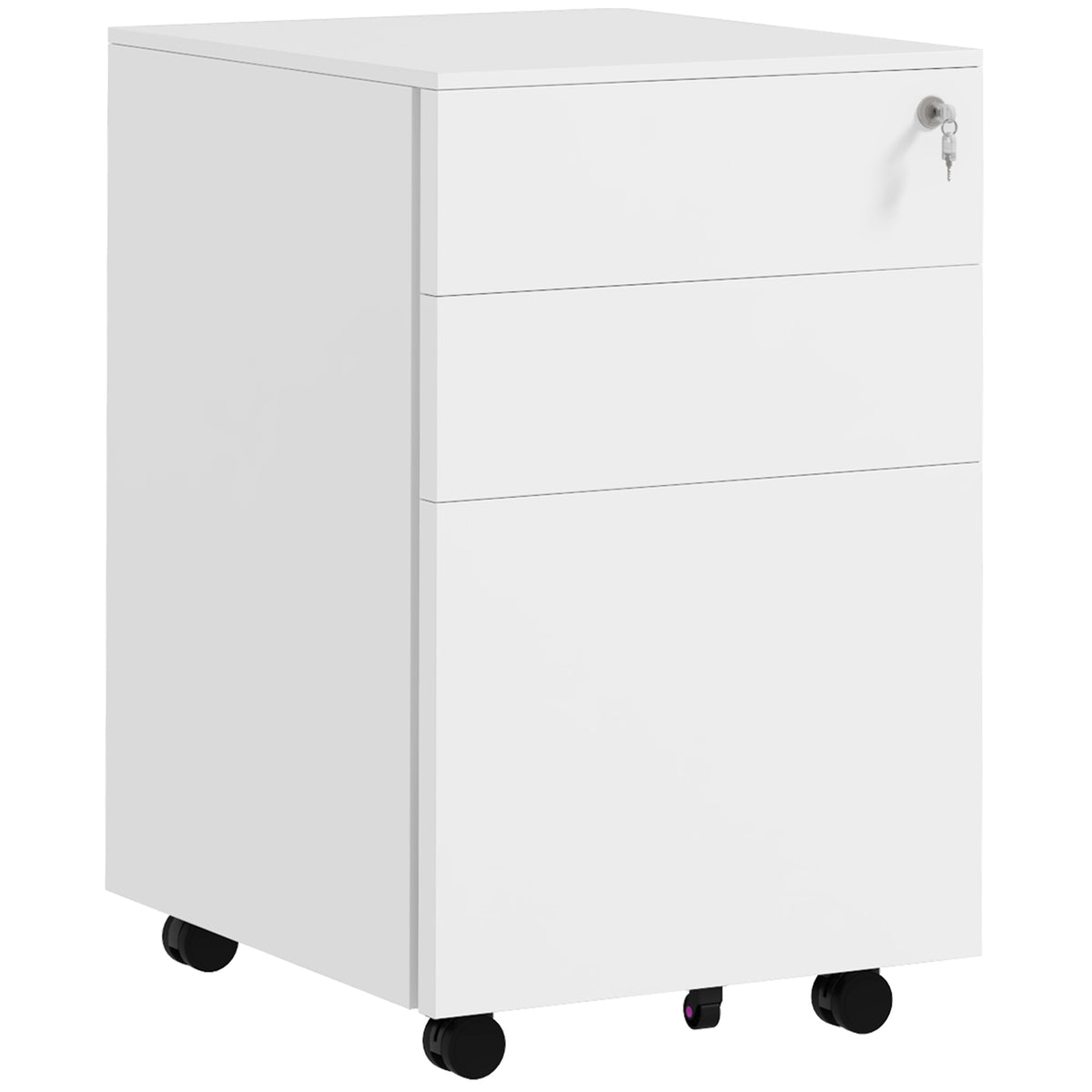 Vinsetto 3-Drawer Vertical Filing Cabinet with Pencil Tray, Lock and 5 Wheels, Steel Mobile File Cabinet, for A4, Legal and Letter Size, Pre-Assembled Body, White