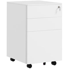 Vinsetto 3-Drawer Vertical Filing Cabinet with Pencil Tray, Lock and 5 Wheels, Steel Mobile File Cabinet, for A4, Legal and Letter Size, Pre-Assembled Body, White