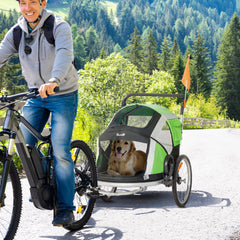 PawHut Dog Bike Trailer 2-in-1 Pet Stroller for Large Dogs Cart Foldable Bicycle Carrier Aluminium Frame with Safety Leash Hitch Coupler Reflector Flag Green