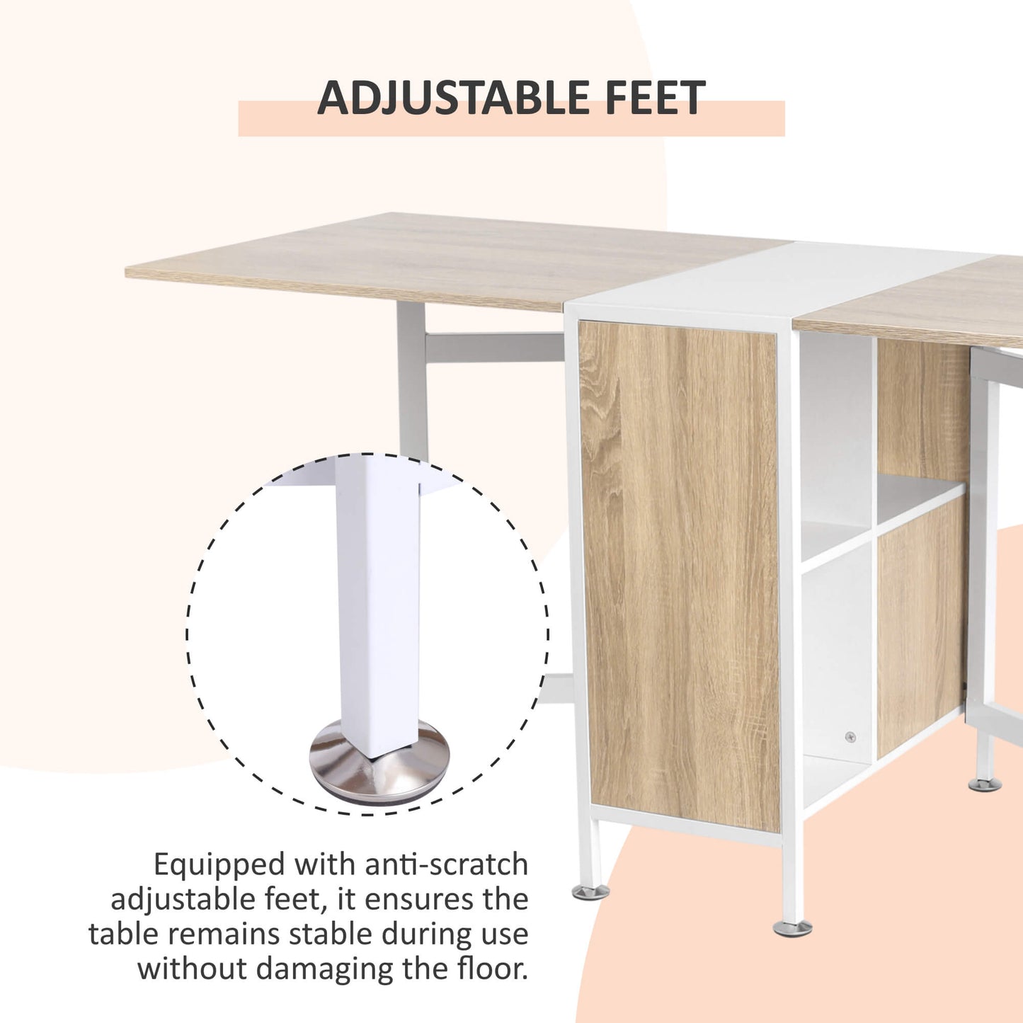 HOMCOM Foldable Drop Leaf Dining Table Folding Workstation for Small Space with Storage Shelves Cubes Oak & White