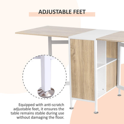 HOMCOM Foldable Drop Leaf Dining Table Folding Workstation for Small Space with Storage Shelves Cubes Oak & White