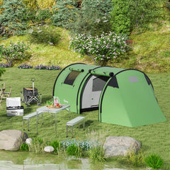 Outsunny Four Man Duo Room Tunnel Tent, with Accessories - Green