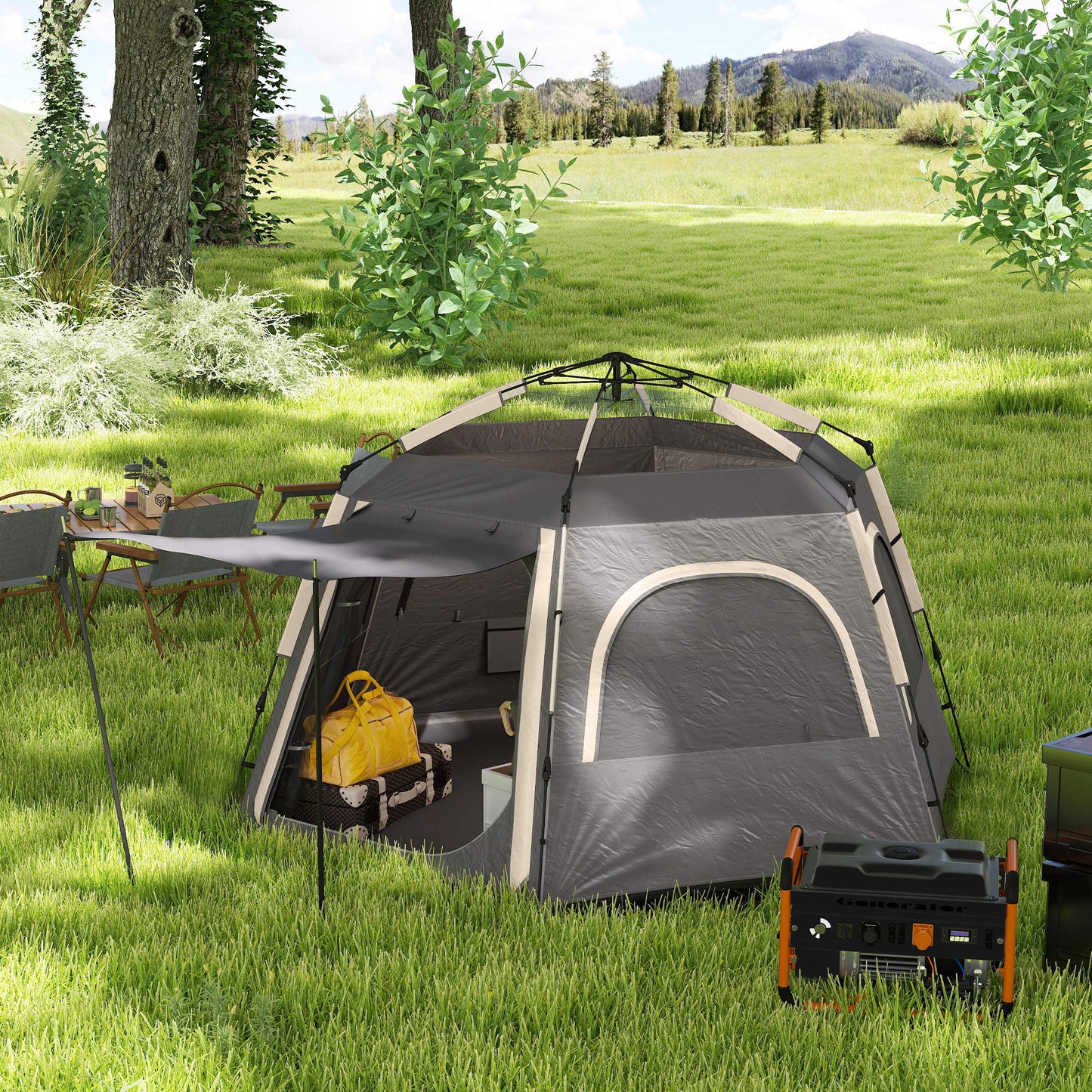 Outsunny Instant Pop Up Camping Tent, 2/3/4 Person Easy Setup Dome Family Tent with Vestibule, Rainfly, 4 Mesh Windows & 2 Doors, Hexagonal Design, Waterproof & UV Protected, Dark Grey