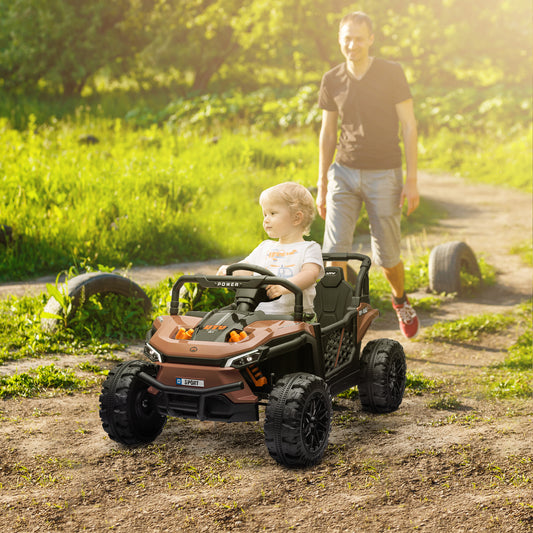 AIYAPLAY 12V Battery Powered Ride on Truck w/ Remote, Four Suspension Wheels, Horn, Lights, Music, USB, for Ages 3-5 Years, Brown