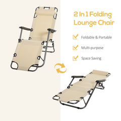 Outsunny 2 in 1 Sun Lounger Folding Reclining Chair Garden Outdoor Camping Adjustable Back with Pillow, Beige