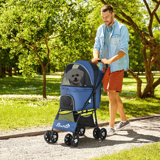 PawHut Foldable Pet Stroller for Dogs, Puppy Stroller, with Large Carriage, Brakes, Canopy - Blue