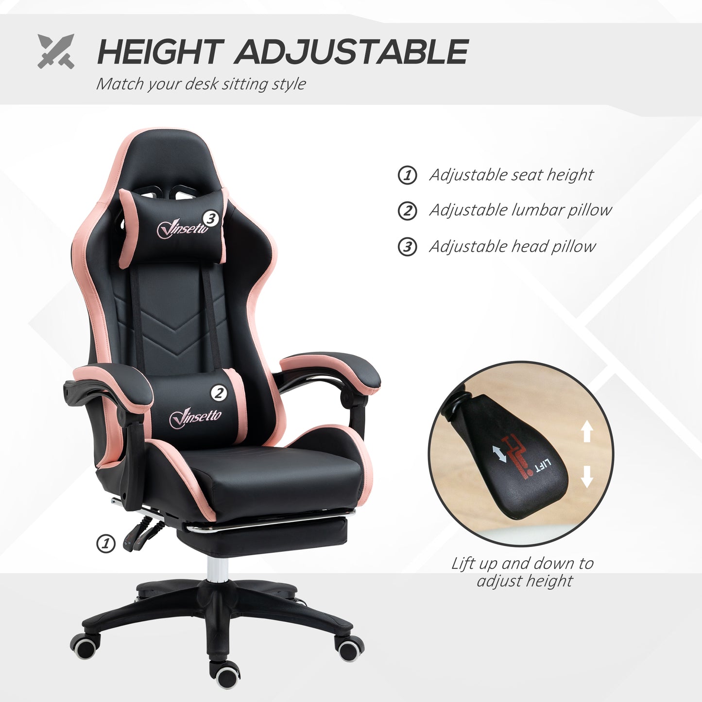 Vinsetto Computer Gaming Chair, PU Leather Desk Chair with Footrest, Swivel Task Chair with 135√Ç¬∞ Reclining Back and Lumbar Support, PC Chair for Adults, Black and Pink