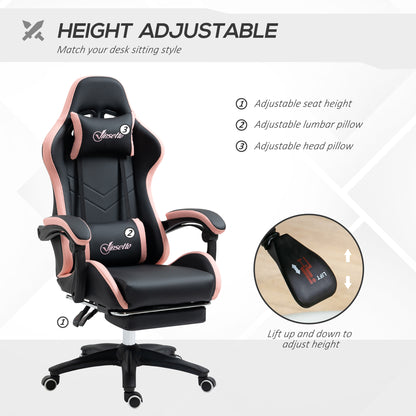 Vinsetto Computer Gaming Chair, PU Leather Desk Chair with Footrest, Swivel Task Chair with 135√Ç¬∞ Reclining Back and Lumbar Support, PC Chair for Adults, Black and Pink