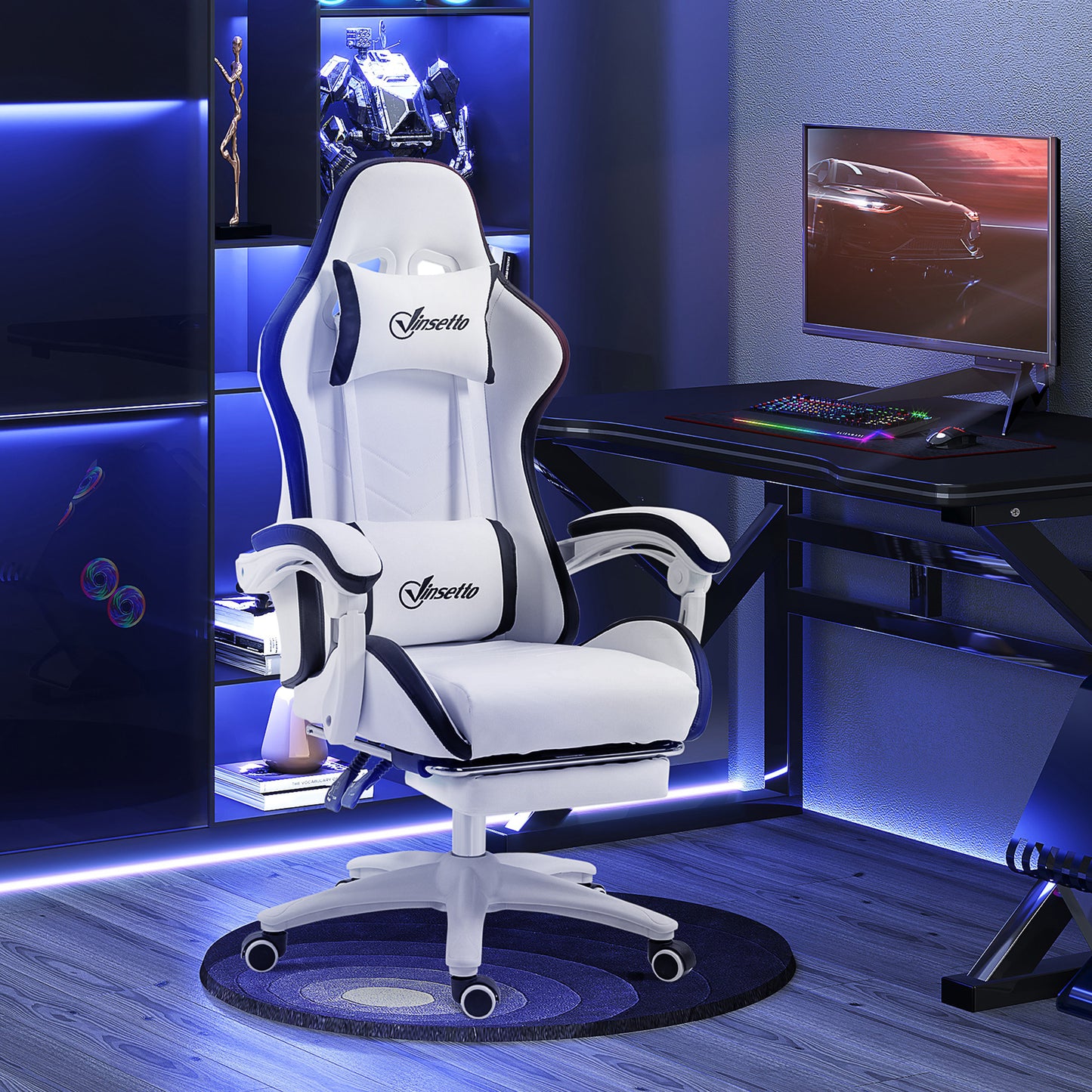 Vinsetto Computer Gaming Chair, PU Leather Office Desk Chair with Footrest, Swivel Wheels, 135√Ç¬∞ Reclining Back, Lumbar Support, Headrest for Home, White and Black