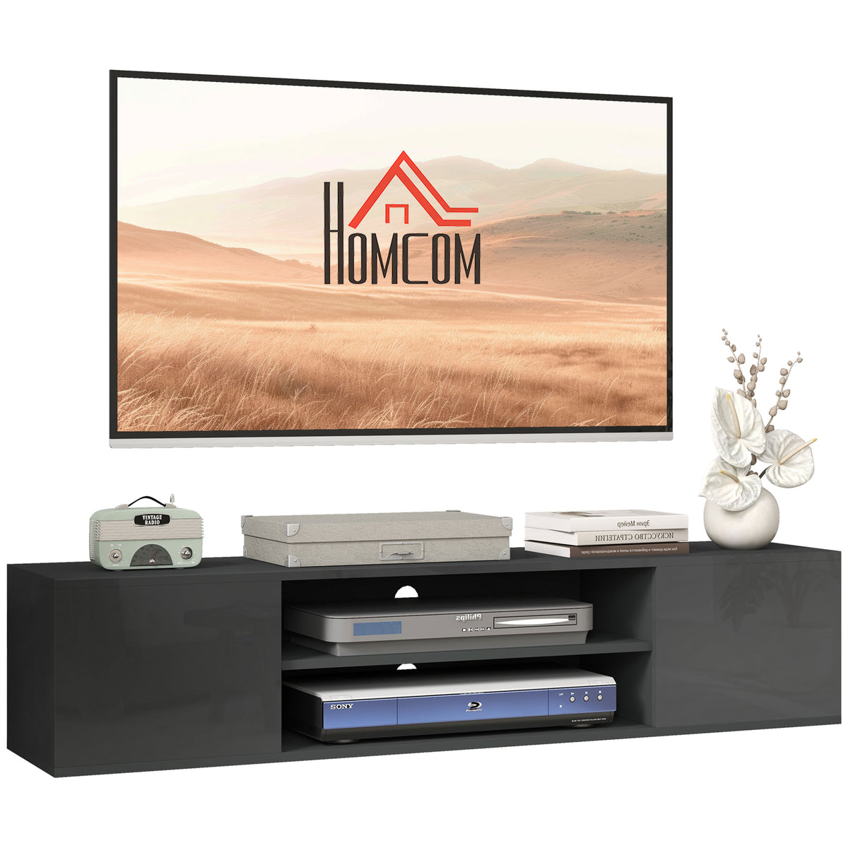 HOMCOM Floating TV Stand Cabinet for TVs up to 60", Wall Mounted TV Unit with Open Shelf, Storage Cupboards and Cable Management for Living Room, Grey