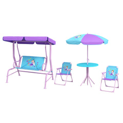 Outsunny 4PCs Kids Garden Furniture Set w/ 2 Seater Garden Swing Chair with Adjustable Canopy, Childrens Table and Chair Set with Parasol, for Toddler Girls 3-6 Years Old