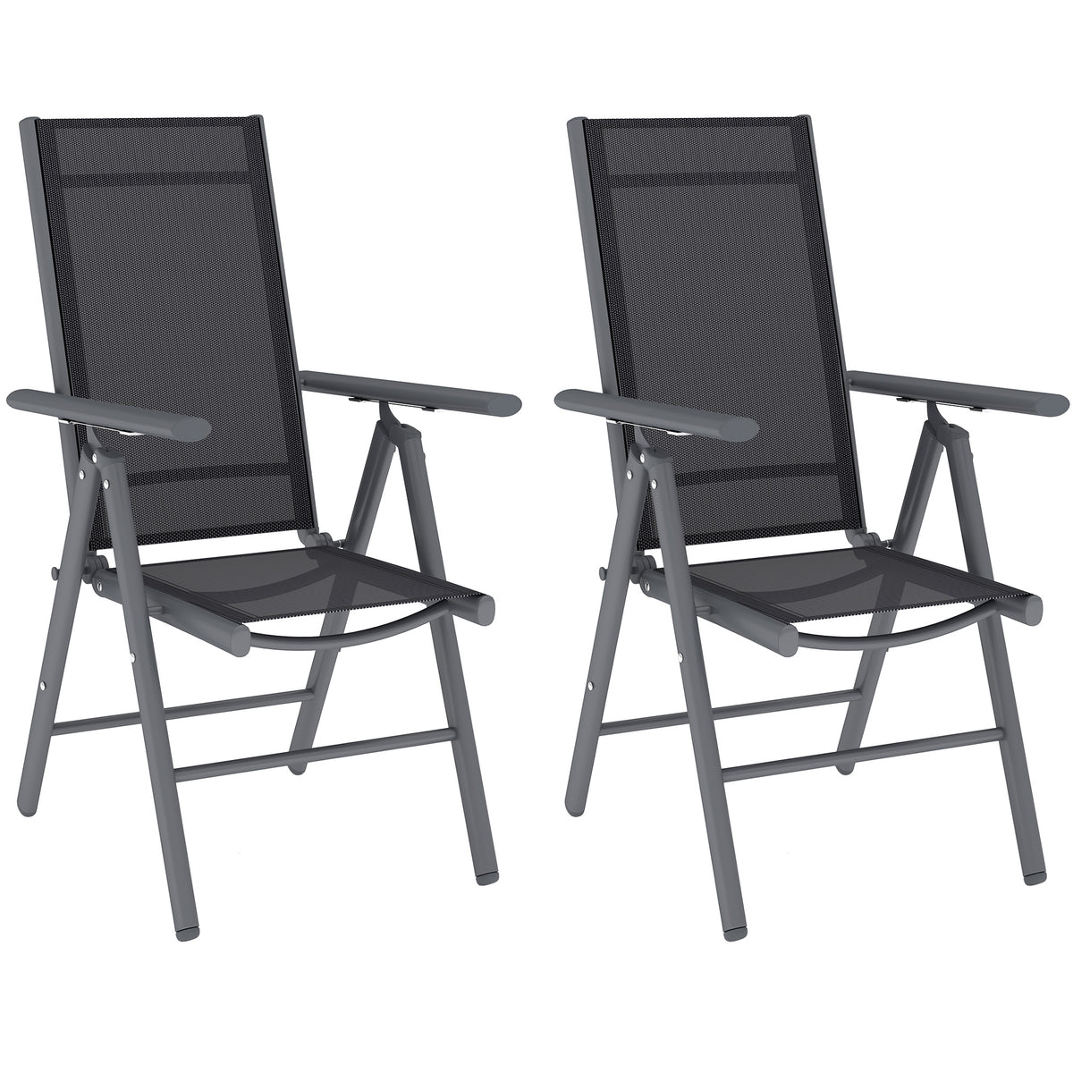 Outsunny Set of 2 Folding Chair, Aluminium Frame Outdoor Camping Chairs with Breathable Mesh Back and Seat, Garden Chair Set with Armrests for Balcony, Dark Grey